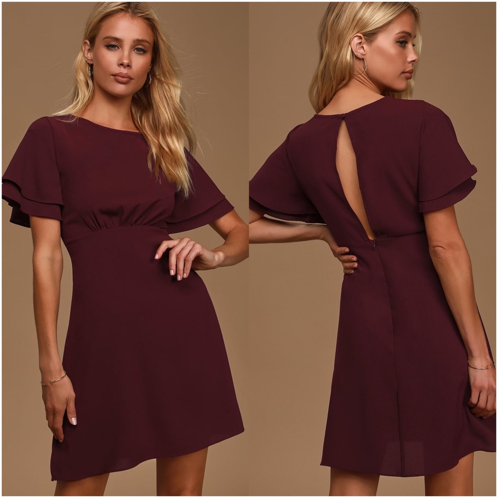 Lulu’s | New Kind Of Love Burgundy Ruffled Short Sleeve Skater Dress